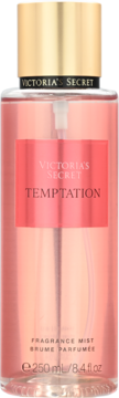 Victoria's Secret Temptation Fragrance Mist, różowy płyn w przezroczystej butelce z złotą nakrętką, widok z przodu.