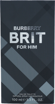 Ciemnoszare opakowanie perfum Burberry Brit For Him Eau de Toilette 100 ml, z geometrycznym wzorem.