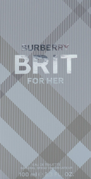 Srebrno-szare pudełko perfum Burberry Brit For Her EDT 100ml z klasycznym wzorem w kratę, widok z przodu.