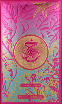Paris Corner Khair Confection EDP, różowo-złote opakowanie z błękitnym tłem, liściastym wzorem i arabskim pismem.