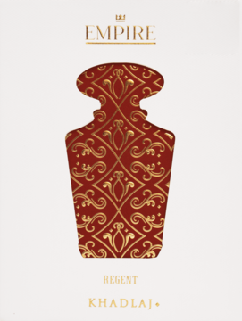 Flakon perfum Empire Regent Khadlaj, czerwona butelka ze złotym wzorem na białym tle, widok z przodu.