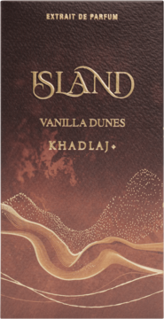 Front brązowego opakowania perfum Island Vanilla Dunes Khadlaj, złote napisy i wzór piaskowych wydm.