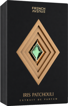 Elegancki czarny box French Avenue Iris Patchouli Extrait de Parfum, złote diamenty, zielony klejnot, widok z przodu.