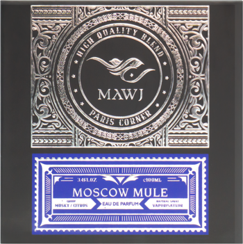 Dwie etykiety perfum: srebrna MAWJ PARIS CORNER z wytłoczonym ptakiem i niebieska MOSCOW MULE EAU DE PARFUM.