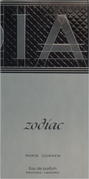 Szare pudełko perfum Zodiac Paris Corner, Eau de parfum, z czarnym, teksturowanym wzorem w górnej części.