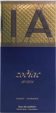 Zodiac stratos Eau de parfum box. Gold quilted top with large 'ZODIAC', deep blue bottom, front.