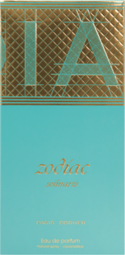 Frontalny widok perfum Zodiac solmaris Paris Corner, turkusowe pudełko ze złotymi detalami i fakturą.