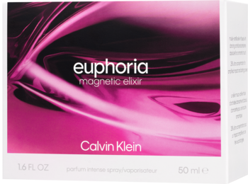 Pudełko perfum Calvin Klein Euphoria Magnetic Elixir 50ml, orientalno-kwiatowy zapach, różowo-czarny wzór.