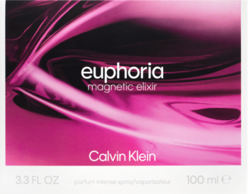 Opakowanie perfum Calvin Klein Euphoria Magnetic Elixir, czarno-różowy zawiły wzór, widok z przodu.