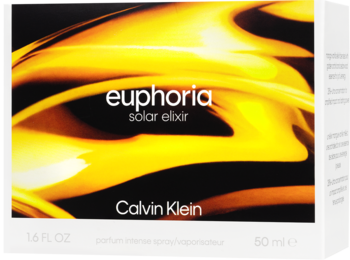 Euphoria Solar Elixir Calvin Klein perfumy, intensywny spray. Czarne pudełko ze złotymi wirami, widok z przodu.