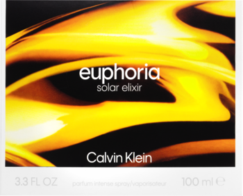 Calvin Klein Euphoria Solar Elixir, perfumy dla kobiet, czarne opakowanie z energetycznymi złotymi smugami.