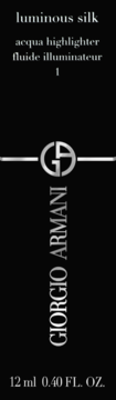 Giorgio Armani Luminous Silk Acqua Highlighter, czarna etykieta ze srebrnym logo GA i szczegółami produktu.