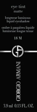 Front view of Giorgio Armani Eye Tint matte longwear luminous liquid eyeshadow, black label with silver text.