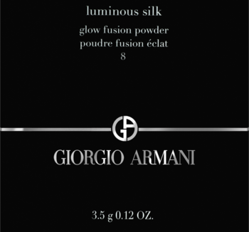 Giorgio Armani Luminous Silk Glow Fusion Powder in black packaging, shade 8, 3.5g. Frontal view.
