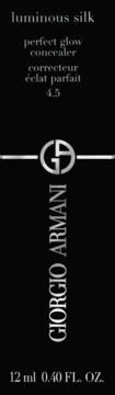 Czarne opakowanie Giorgio Armani Luminous Silk Perfect Glow Concealer 4.5, pionowy napis, srebrne detale.