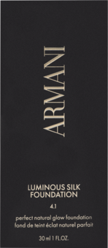 Armani Luminous Silk Foundation 4.1, ciemne opakowanie z pionowym logo, tekst: perfect natural glow foundation.