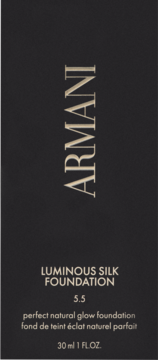 Armani Luminous Silk Foundation 5.5 in dark grey packaging with gold text, perfect natural glow, 30 ml, front view.