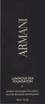Ciemnoszare opakowanie Armani Luminous Silk Foundation 5, przód, z opisem 'perfect natural glow foundation', 30 ml.