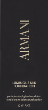 Front view of Armani Luminous Silk Foundation box, dark grey with gold text, highlighting shade 4 and natural glow formula.