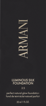 Armani Luminous Silk Foundation, czarny kartonik z złotym logo, odcień 3.5, 30 ml, natural glow, widok z przodu.