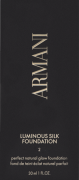 Czarne pudełko Armani Luminous Silk Foundation 2, widok z przodu, złote logo i opis „perfect natural glow”.