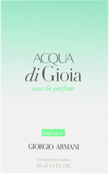 Pionowe opakowanie perfum Acqua di Gioia Intense Giorgio Armani, biało-miętowy gradient, zielony napis.
