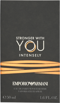 Emporio Armani Stronger With You Intensely, czarny kartonik perfum męskich 50 ml, z pomarańczowymi detalami.