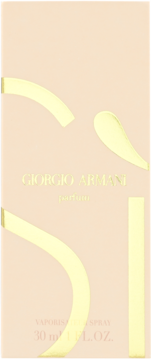 Beżowe opakowanie perfum Giorgio Armani Si z złotymi, stylizowanymi literami Si i tekstem, widok z przodu.