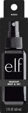 e.l.f. Makeup Mist & Set w czarnej, kwadratowej butelce z atomizerem, białe logo, widok z przodu, 60 ml.