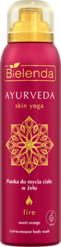 Bielenda Ayurveda Skin Yoga pianka do mycia ciała Fire, słodka pomarańcza, czerwona butelka, widok z przodu.