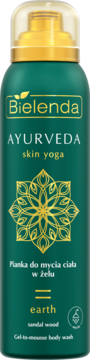 Bielenda Ayurveda Skin Yoga Earth Sandal Wood Gel-to-mousse body wash, ciemnozielona butelka z mandalą.