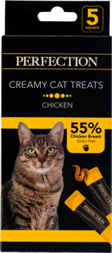Perfection Creamy Cat Treats Chicken, czarne pudełko z kotem, 5 saszetek, 55% kurczaka bez zbóż.