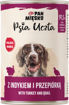 Karma mokra Pan Mięsko Psia Uczta z indykiem i przepiórką, biała puszka z psem, etykieta magenta, przód.