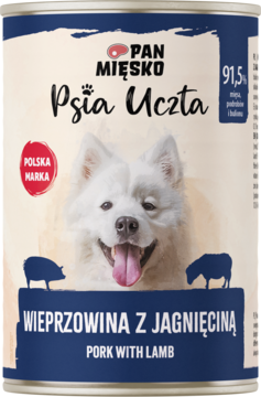 Mokra karma Pan Mięsko Psia Uczta Wieprzowina z jagnięciną, puszka z psem, 91,5% mięsa, widok przód.