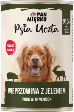 Mokra karma dla psa Pan Mięsko Psia Uczta Wieprzowina z Jeleniem w zielono-beżowej puszce, widok z przodu.