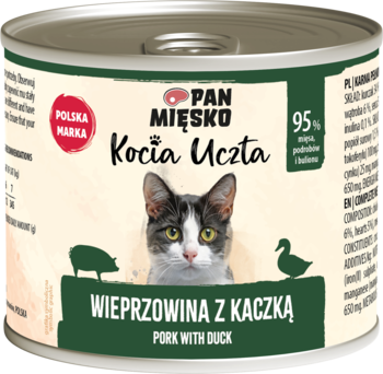 Puszka karmy Pan Mięsko Kocia Uczta Wieprzowina z kaczką, zielona etykieta, kot i 95% mięsa.