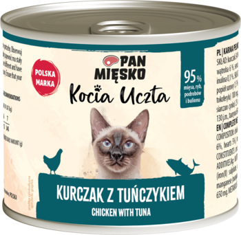 Metalowa puszka pełnoporcjowej karmy Pan Mięsko Kocia Uczta Kurczak z Tuńczykiem, z kotem i 95% mięsa.