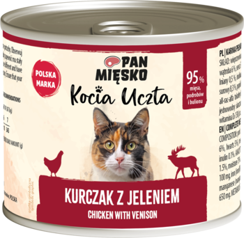 Srebrna puszka karmy Pan Mięsko Kocia Uczta Kurczak z jeleniem, z etykietą z kotem, kurczakiem i jeleniem, widok z przodu.