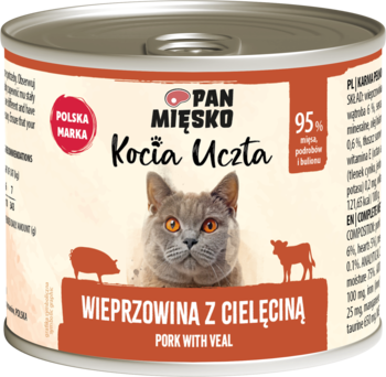 Puszka Pan Mięsko Kocia Uczta, karma mokra wieprzowina z cielęciną (95% mięsa), srebrna z etykietą i kotem.