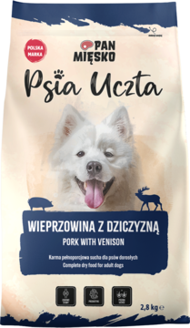 Pan Mięsko Psia Uczta karma Wieprzowina z Dziczyzną, biało-granatowa torba z psem, 2.8kg, widok przód.