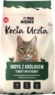 Zielona torba karmy Pan Mięsko Kocia Uczta Indyk z Królikiem, z portretem kota, frontalny widok.