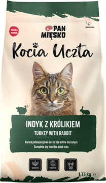 Beżowy worek karmy Pan Mięsko Kocia Uczta Indyk z Królikiem 1,75 kg, z grafiką kota, widok z przodu.