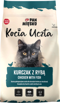 Pan Mięsko Kocia Uczta Kurczak z Rybą, karma sucha dla kotów sterylizowanych. Biała torba z czarnym kotem.