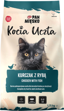 Pan Mięsko Kocia Uczta Kurczak z Rybą karma dla sterylizowanych kotów. Biała torba z czarnym kotem i napisem, widok z przodu.