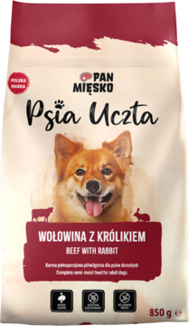 Beżowa torba Pan Mięsko Psia Uczta, 850g, półwilgotna karma dla psa Wołowina z Królikiem, widok z przodu.