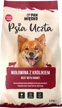 Karma półwilgotna Pan Mięsko Psia Uczta Wołowina z Królikiem, 2,8kg, beżowa torba z psem, widok z przodu.