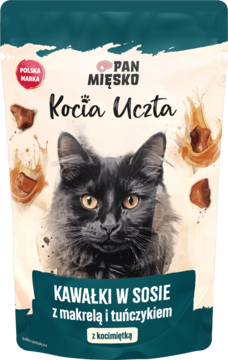 Pionowa saszetka Pan Mięsko Kocia Uczta, karma mokra kawałki z makrelą i tuńczykiem, z wizerunkiem kota.