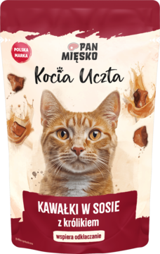 Pan Mięsko Kocia Uczta mokra karma z królikiem. Saszetka z rudym kotem, widok z przodu, wspiera odkłaczanie.