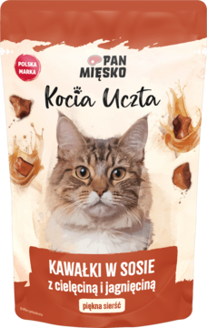 Pan Mięsko Kocia Uczta, mokra karma z cielęciną i jagnięciną, z wizerunkiem kota, przód opakowania.