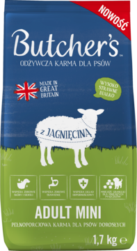 Butcher's Adult Mini karma z jagnięciną dla psów, 1.7kg, granatowo-zielona torba z owcą, widok z przodu.